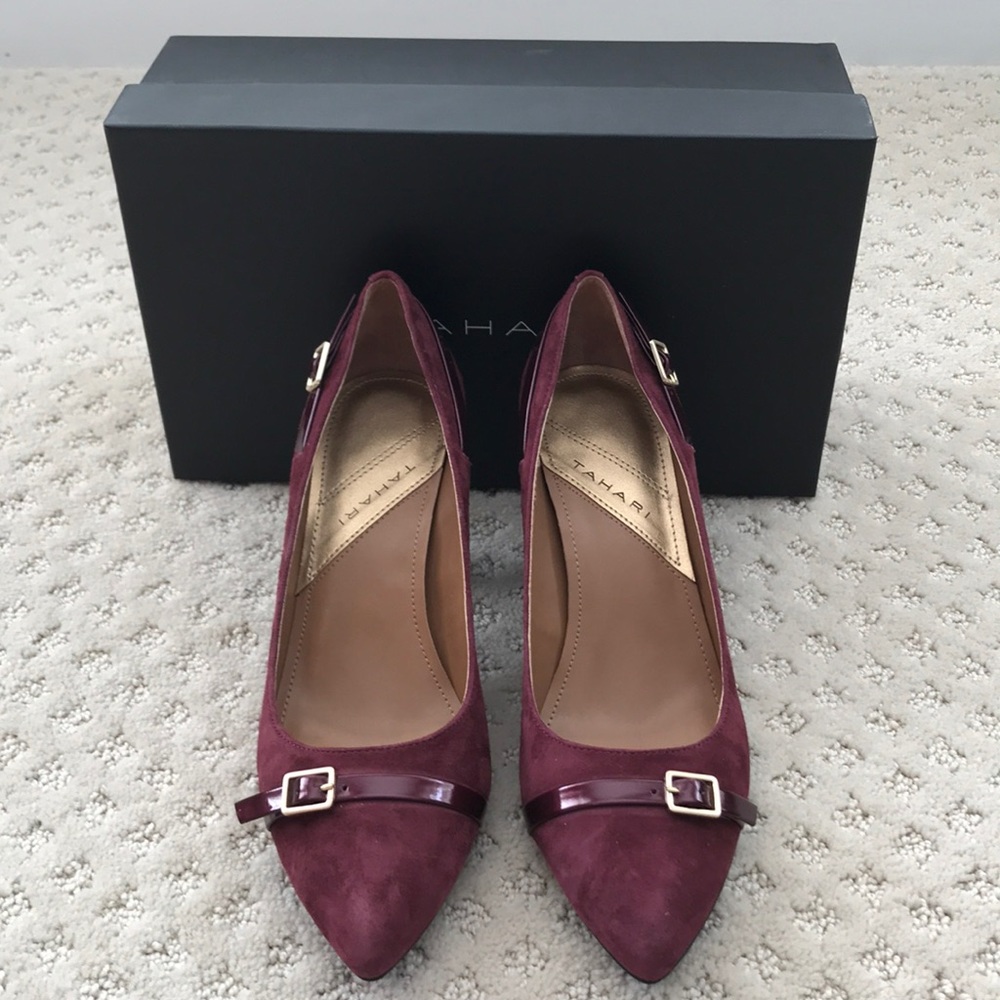 Tahari Burgundy Pointed Toe Heels with Buckle Trim